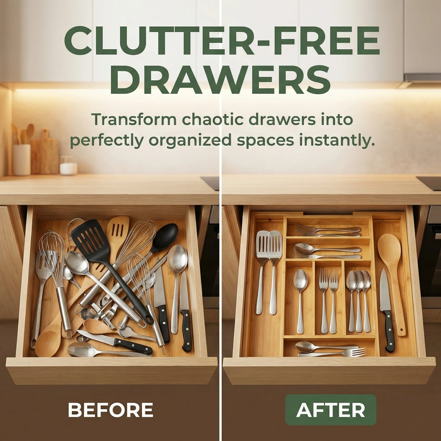 Bamboo Expandable Adjustable Kitchen Utensil Drawer Organizer