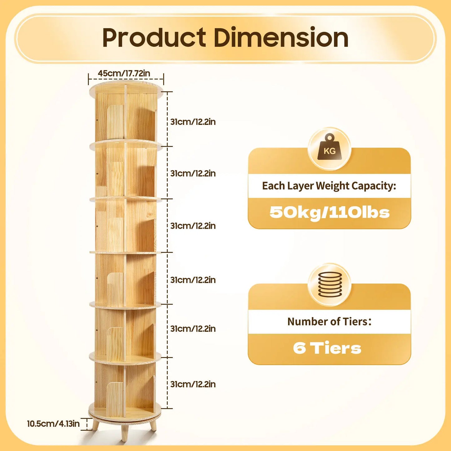 6-Tier Rotating Pine Wood Bookshelf with Kids Books Toy Storage