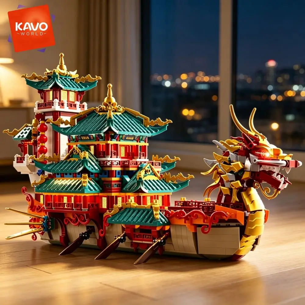 KAVOWORLD Chinese Dragon Boat Building Blocks Set With LED Light