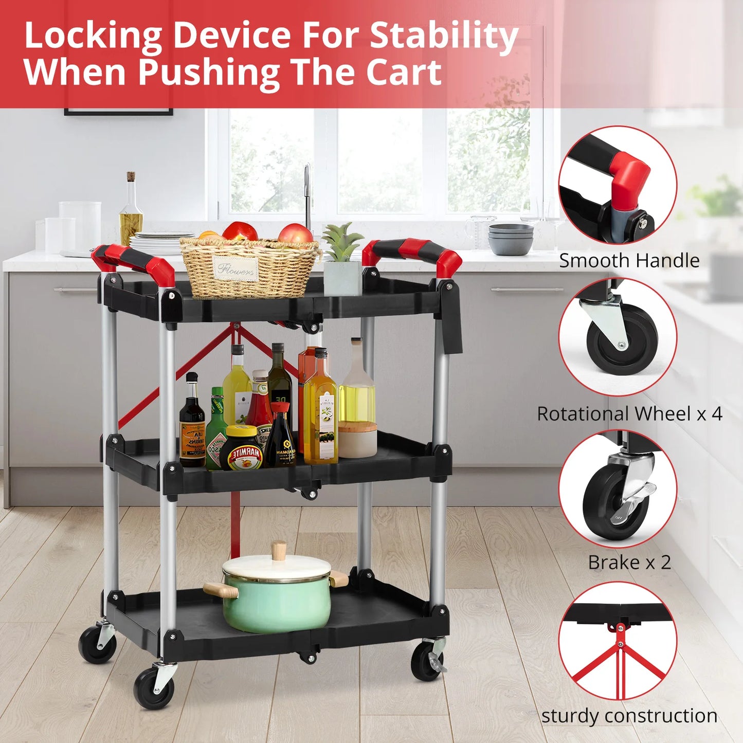 Twister Three Tier Foldable Rolling Utility Cart With Lockable Wheels