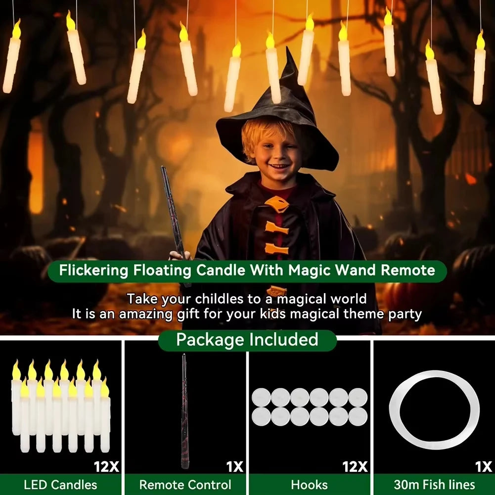 Flameless LED Floating Taper Candles With Magic Wand Remote Flickering Light