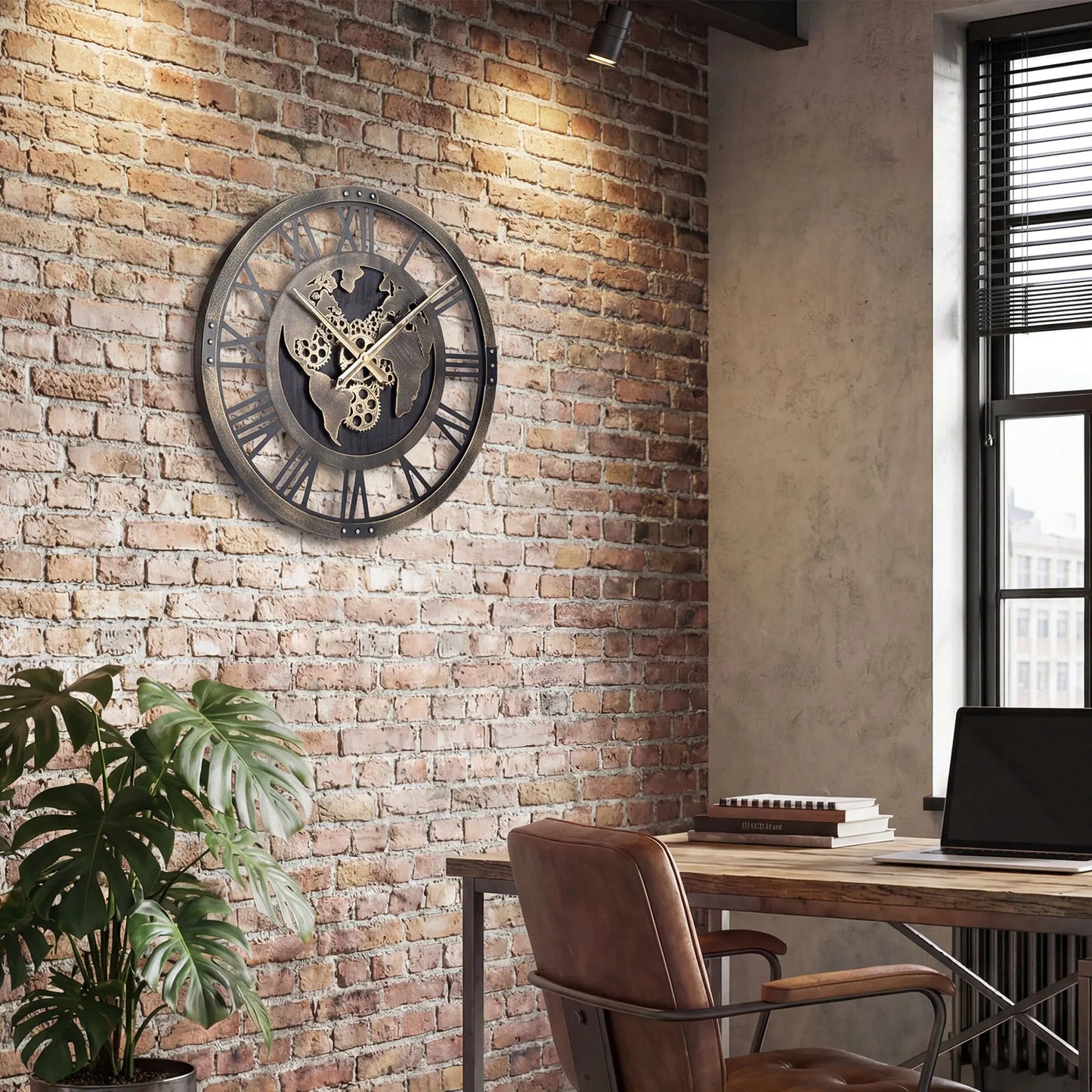 HOMASIS World Map Gear Wall Clock, Non Ticking Decorative Large Metal