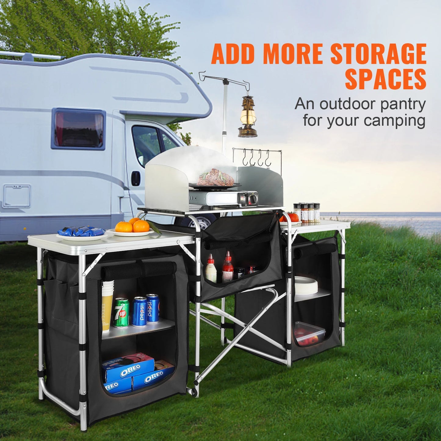 SucceBuy Foldable Camping Kitchen Table With Grilling Rack
