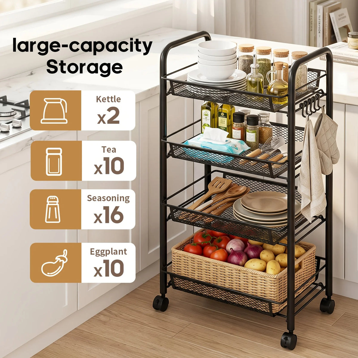 DO DOWIN Metal Mesh Rolling Storage Cart With Wheels for Kitchen Organization