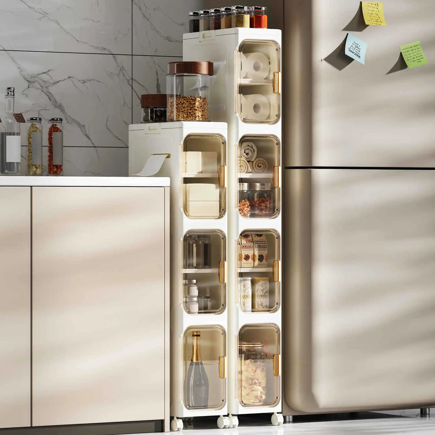4-Tier Narrow Rolling Plastic Storage Cabinet With Flip Doors
