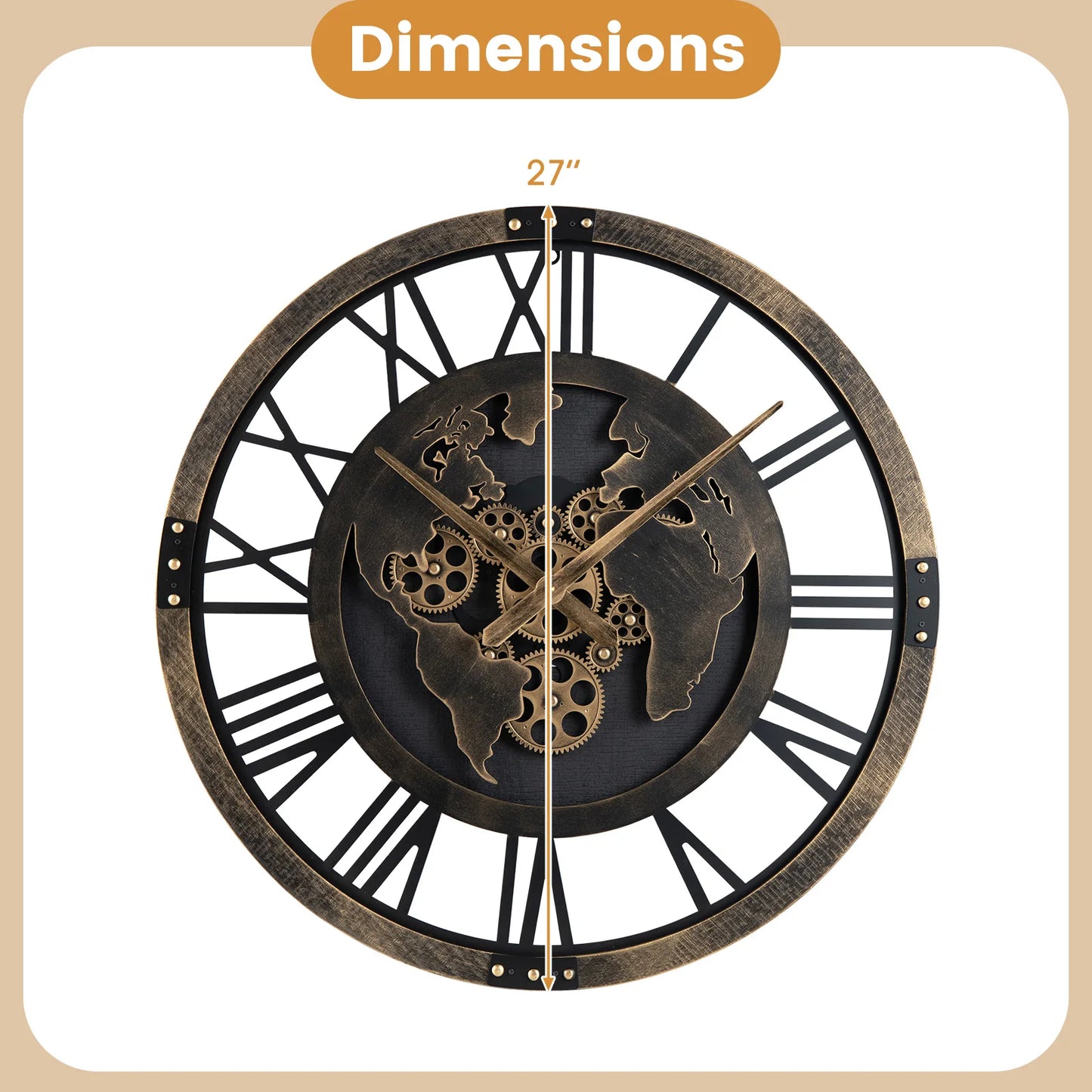 HOMASIS World Map Gear Wall Clock, Non Ticking Decorative Large Metal