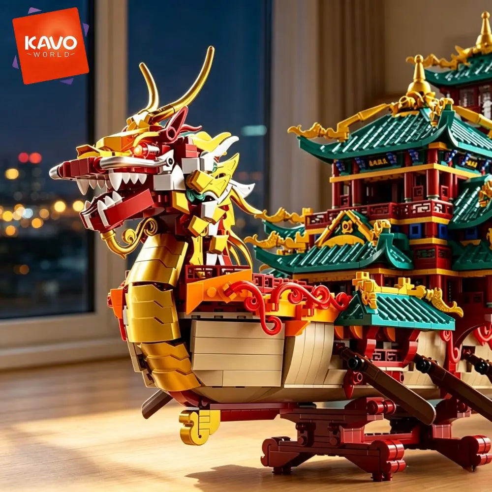 KAVOWORLD Chinese Dragon Boat Building Blocks Set With LED Light
