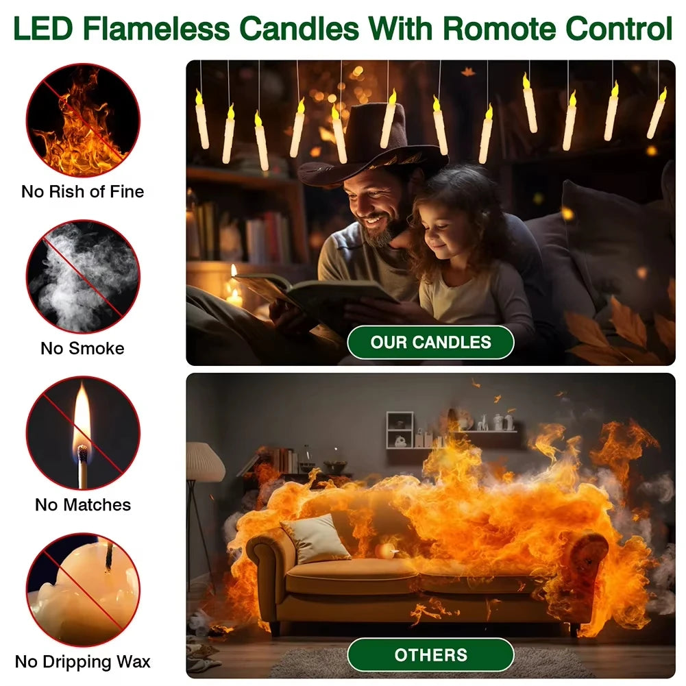 Flameless LED Floating Taper Candles With Magic Wand Remote Flickering Light