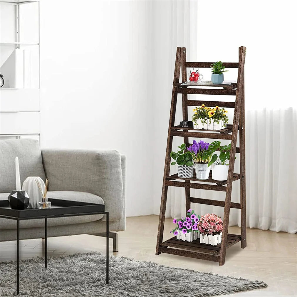 Multi Tier Folding Wood Ladder Shelf Indoor Storage Rack