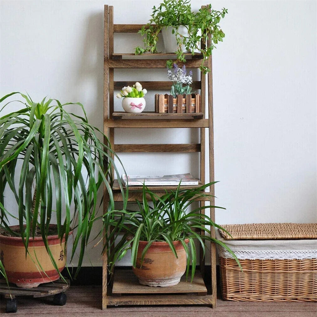 Multi Tier Folding Wood Ladder Shelf Indoor Storage Rack