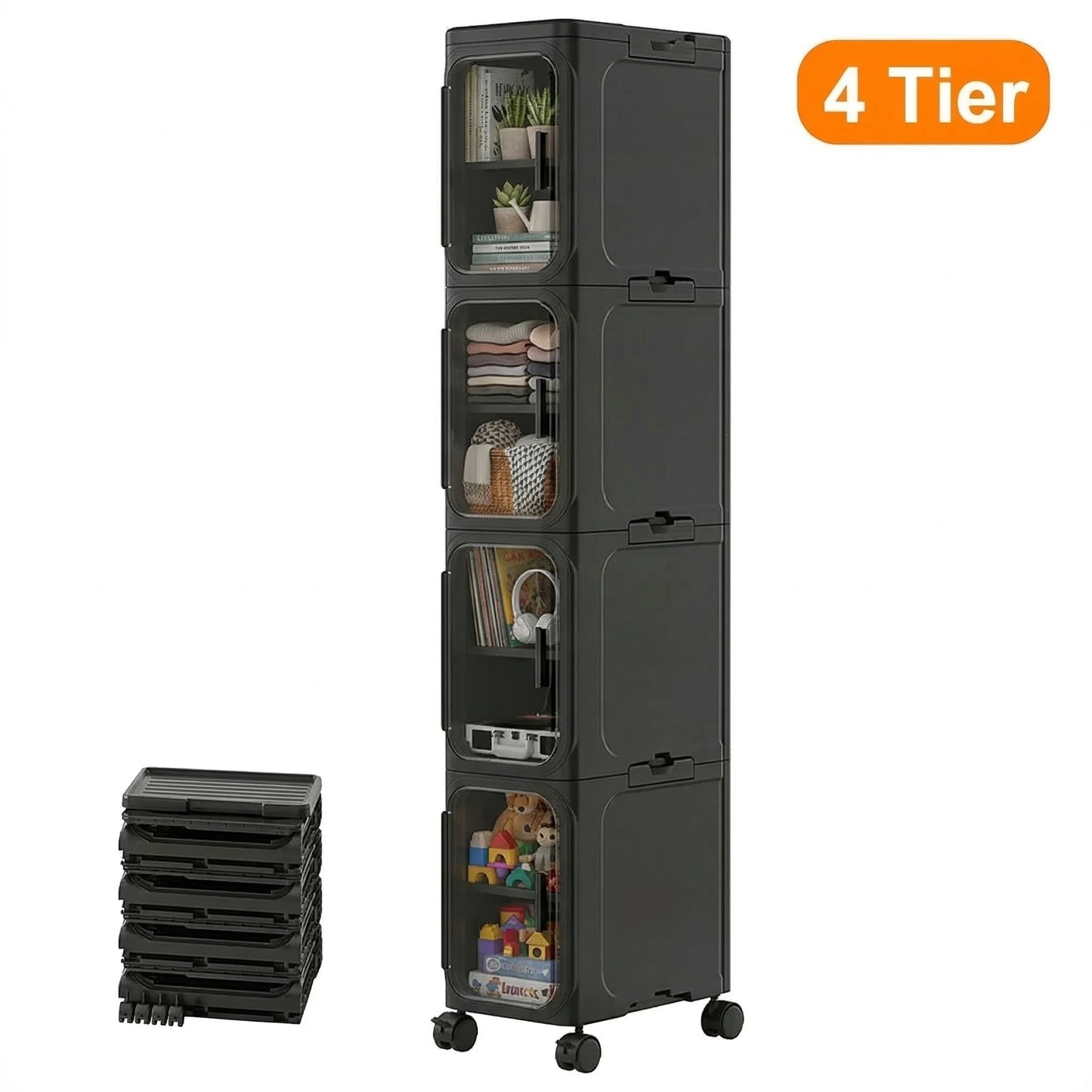 4-Tier Narrow Rolling Plastic Storage Cabinet With Flip Doors