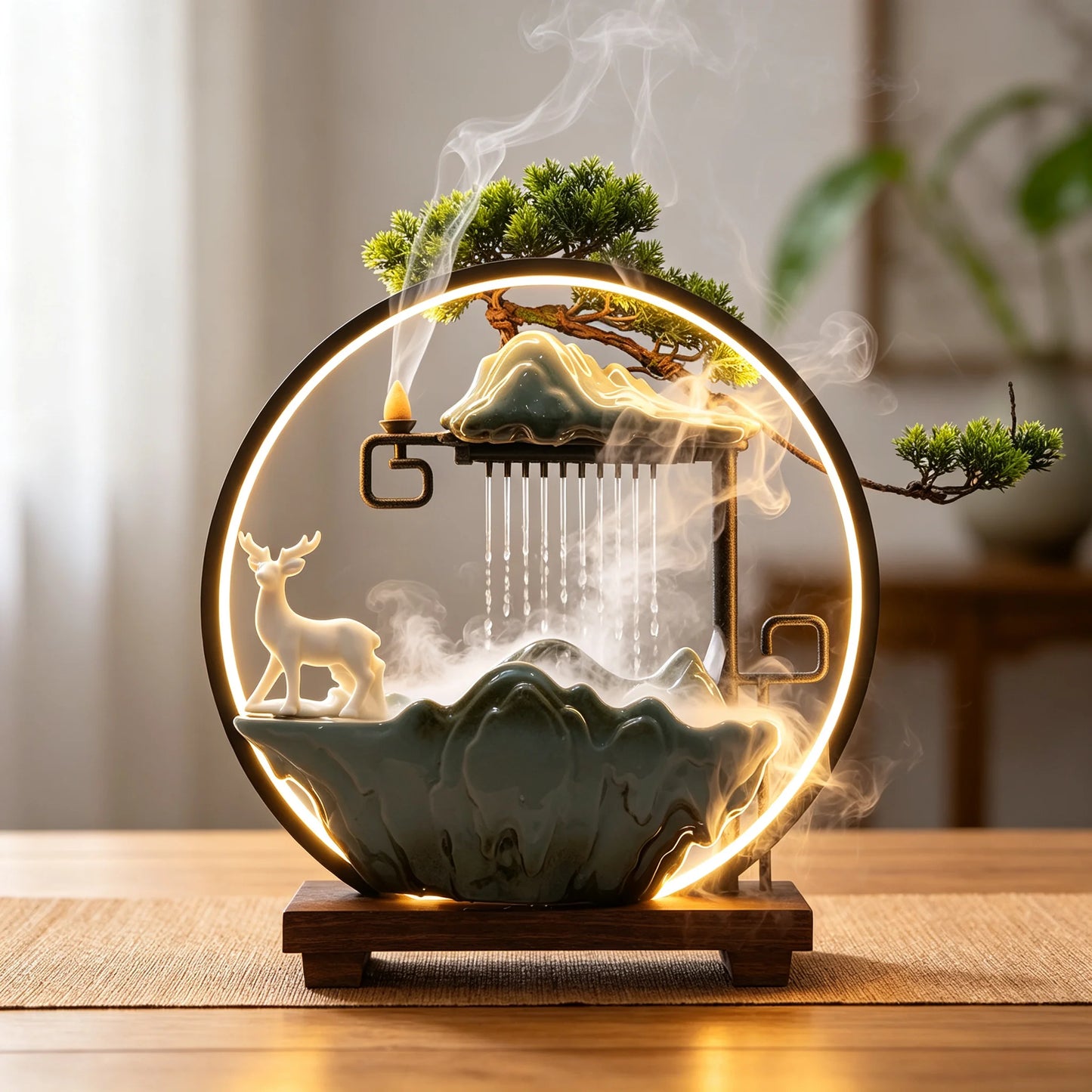Bymaocer Ceramic Tabletop Water Fountain LED Mist Effect Decor